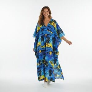 Royal Creations Hawaii Caftan Maxi Dress One Size Blue Tropical Aloha Resort